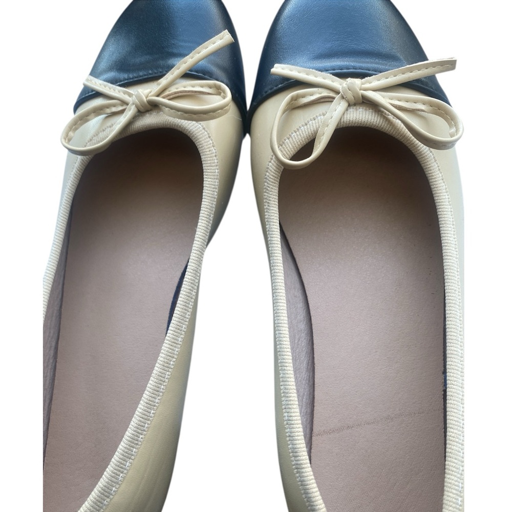 Womens Ballet Flats Shoes Tan Black Size 8 Slip on Slippers Beige Bow Cap Low - Picture 3 of 5